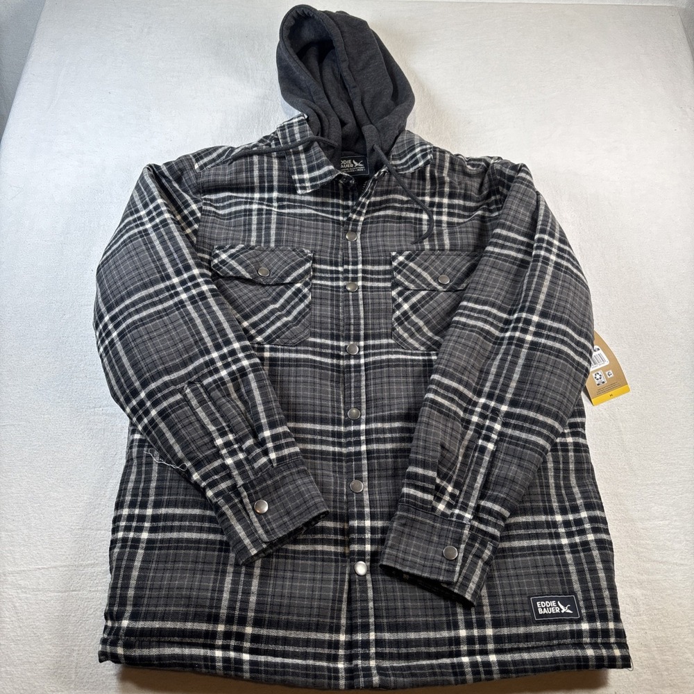 Eddie Bauer Men's Hooded Shirt Jacket Black Plaid Size M